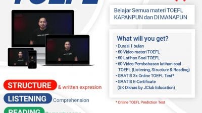Belajar TOEFL Gak Harus di Kelas! Apa saja yang dipelajari di Kelas E-Learning TOEFL Online ALL-CLASSes? Semua materi yang dibutuhkan untuk menghadapi test TOEFL-ITP untuk semua Section: Listening Comprehension, Structure & Written Expression, Reading Comprehension. Dengan metode yang mudah dipahami serta latihan soal semua Section: Listening Comprehension, Structure & Written Expression, Reading Comprehension yang dilengkapi dengan video pembahasan.