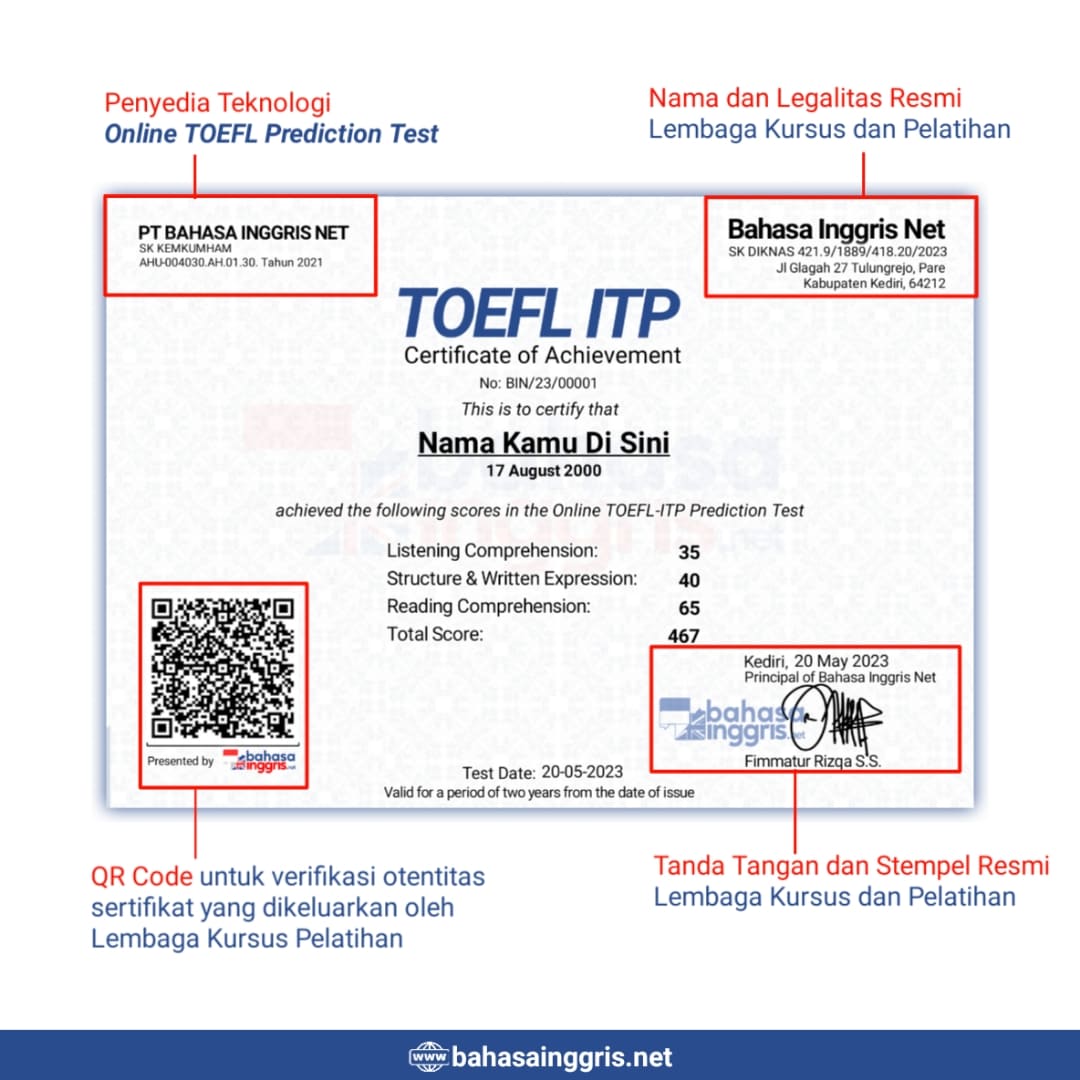 Tes TOEFL Online Bersertifikat SK DIKNAS Solusi bagi Anda yang sedang urgent dan membutuhkan sertifikat dalam waktu cepat. Kenapa harus Tes TOEFL Online? Sebagai Alat ukur kemampuan berbahasa Inggris Bisa digunakan sebagai syarat lanjut kuliah di Dalam Negeri maupun Luar Negeri, melamar kerja, kenaikan Jabatan Dll. Digunakan sebagai syarat kelulusan kampus, syarat sidang skripsi/thesis, dan syarat wisuda Diakui sebagai sertifikat untuk berkas lamaran CPNS di Kemenlu, Kemen-BUMN, ESDM dll