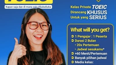 2 bulan Bikin Skor TOEIC Kamu +785 dan Membawamu mendapat Kesempatan Besar Pengen dapat skor TOEIC +785 Dalam Waktu Cepat? Belajar TOEIC otodidak tapi hasilnya tidak memuaskan?! atau Mau belajar TOEIC Tapi bingung harus mulai dari mana? Kamu Pasti Ngerasain Ini Waktu Belajar TOEIC? Udah belajar lama tapi skor masih belum nyampe target Masih banyak salahnya daripada benernya Mager pergi ke tempat kursus TOEIC yang jauh dan macet Nggak punya partner belajar TOEIC Nggak Punya waktu buat belajar TOEIC secara Intensif Jangan Khawatir, Sekarang Ada Kelas Private TOEIC Online Super Exclusive dirancang khusus bagi siapapun yang ingin bisa dapat skor TOEIC tinggi dengan waktu yang singkat.