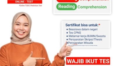 Tes TOEIC Online (GRATIS) Bersertifikat SK DIKNAS, Solusi bagi Anda yang sedang urgent dan membutuhkan sertifikat dalam waktu cepat. Kenapa harus Tes TOEIC Online (Listening – Reading)? Tes TOEIC Online (Listening – Reading) didesain untuk mengukur kapabilitas bahasa Inggris seseorang dalam pelbagai konteks profesional. Dengan mengikuti test ini, Kamu bisa mengevaluasi kemampuan diri-sendiri pada saat berkomunikasi menggunakan bahasa Inggris. Hasil test Tes TOEIC Online (Listening – Reading) juga bisa digunakan untuk mengidentifikasi kebutuhan maupun kemampuan apa yang harus ditingkatkan untuk menunjang Kamu menjadi cakap berbahasa Inggris. Apa itu Tes TOEIC Online (Listening – Reading) by Bahasa Inggris Net? Tes TOEIC Online (Listening – Reading) by Bahasa Inggris Net merupakan Online Tes TOEIC (Listening – Reading) Prediction Test yang dirancang khusus untuk mengukur kemampuan berbahasa Inggris seseorang dan bisa digunakan sebagai persiapan sebelum mengikuti tes Internasional yang resmi dari ets.org. Tes TOEIC Online (Listening – Reading) by Bahasa Inggris Net setara dengan menggunakan 2 (dua) indikator penilaian untuk mengukur kemampuan bahasa Inggris yaitu, Listening Comprehension dan Reading Comprehension Sertifikat Tes TOEIC Online (Listening – Reading) by Bahasa Inggris Net bisa digunakan untuk kebutuhan *administrasi seperti melamar pekerjaan BUMN atau Swasta, syarat kelulusan, syarat beasiswa, syarat ujian CASN dan sejenisnya (*sesuai kebijakan instansi masing-masing). Kelebihan Tes TOEIC Online (Listening – Reading) by Bahasa Inggris Net? Dilakukan secara ONLINE Jadwal Test Senin-Minggu (7 x 24 jam) Bebas menentukan waktu test. Hasil skor langsung bisa dilihat secara otomatis ketika selesai mengerjakan Tes TOEIC Online (Listening – Reading) Sertifikat Test dikeluarkan oleh lembaga yang sudah resmi terdaftar di Kemendikbud Ristek di bidang Lembaga Kursus dan Pelatihan. Bisa digunakan sebagai persiapan mengambil test TOEIC dari ETS. Soal yang diujikan menggunakan soal-soal standard ETS dengan tingkat keakurasian mencapai 95% Soal akan update setiap hari E-Certificate (format .pdf) otomatis bisa di download setelah mengerjakan tes** E-Certificate ber-SK.Diknas dari Lembaga Kursus dan Pelatihan Bahasa Inggris Net Kampung Inggris Pare dan bisa diverifikasi keabsahannya dengan cara memindai (scan) QR Code yang tertera pada E-Certificate Sertifikat* Tes TOEIC Online (Listening – Reading) by Bahasa Inggris Net bisa digunakan untuk apa saja? Persyaratan kelulusan S1, S2, & S3 Dalam Negeri Persyaratan beasiswa Dalam Negeri Syarat CPNS *Sesuai dengan kebijakan masing-masing instansi *Terdapat syarat dan ketentuan yang berlaku **Setelah pemesanan E-Certificate terkonfirmasi dan melalui WA Admin F.A.Q (Frequently Asked Questions) Q :Bagaimana cara mengikuti tes ini? A :Tekan tombol “DAFTAR SEKARANG”, lalu lengkapi formulir sesuai dengan Identitas yang berlaku. Q :Apa passwordnya? A :Password selalu ditampilkan di bio Instagram @bahasainggris (Jangan Lupa Follow Ya!) Q :Apakah Tes TOEIC Online (Listening – Reading) berbayar? A :Tidak dipungut biaya alias GRATIS, hanya dikenai biaya E-Certificate sebesar 85-ribu jika Kamu membutuhkannya. Q :Seperti apa Tes TOEIC Online (Listening – Reading) ? Apakah bisa menggunakan HP? A : Online TOEIC Prediction Test yang diselenggarakan oleh Bahasa Inggris Net bekerjasama dengan PT Bahasa Inggris Net berbasis website dan dirancang khusus sesuai standar Internasional. Jadi, Kamu disarankan untuk menyediakan peralatan seperti Laptop/PC/Tablet/IPad beserta dengan jaringan Internet yang stabil agar bisa mendapatkan skor TOEIC yang maksimal. Q :Apakah sertifikat dari Online TOEIC Prediction Test bisa untuk melamar CASN, BUMN, persyaratan kuliah, …dst? A :Sertifikat Online TOEIC Prediction Test dikeluarkan secara resmi oleh Lembaga Kursus dan Pelatihan Bahasa Inggris Net yang tercatat di Kampung Inggris Pare serta memiliki Ijin Operasional dari SK.Diknas Kabupaten Kediri, Jawa Timur Q :Apakah sertifikatnya bisa digunakan untuk mengajukan beasiswa dalam negeri atau luar negeri? A : Sertifikat Online TOEIC Prediction Test diterbitkan oleh Lembaga Kursus dan Pelatihan (LKP) Bahasa Inggris Net yang secara resmi memiliki SK.DIKNAS Kab.Kediri dengan Nomor 421.9/1889/418.20/2023 dengan durasi masa berlaku selama 2 tahun sejak diterbitkan. Saran dari kami ialah, sebaiknya kakak mengkonfirmasi ke institusi penyelenggara beasiswa yang menjadi tujuan. Q :Apakah sertifikatnya bisa digunakan untuk LPDP? A : Mohon dibaca dari awal ya Kak, hiks :'( Q :Apakah bisa request skor Online TOEIC Prediction Test ? A : BIG NO! Disclaimer: TOEIC adalah merek terdaftar Educational Testing Service (ETS). Online TOEIC Prediction Test yang diselenggarakan oleh Bahasa Inggris Net adalah simulasi TOEIC tes secara online dari ETS PBT dan skor yang didapat adalah prediksi.