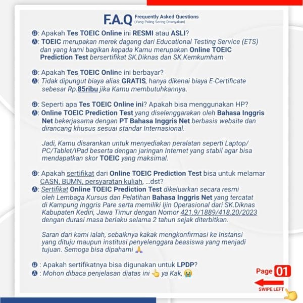 Tes TOEIC Online (Listening - Reading) by Bahasa Inggris Net merupakan Online Tes TOEIC (Listening - Reading) Prediction Test yang dirancang khusus untuk mengukur kemampuan berbahasa Inggris seseorang dan bisa digunakan sebagai persiapan sebelum mengikuti tes Internasional yang resmi dari ets.org.