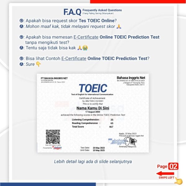 Tes TOEIC Online (Listening - Reading) by Bahasa Inggris Net merupakan Online Tes TOEIC (Listening - Reading) Prediction Test yang dirancang khusus untuk mengukur kemampuan berbahasa Inggris seseorang dan bisa digunakan sebagai persiapan sebelum mengikuti tes Internasional yang resmi dari ets.org.