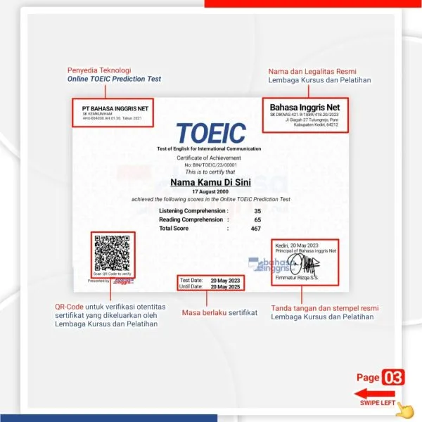 Tes TOEIC Online (Listening - Reading) by Bahasa Inggris Net merupakan Online Tes TOEIC (Listening - Reading) Prediction Test yang dirancang khusus untuk mengukur kemampuan berbahasa Inggris seseorang dan bisa digunakan sebagai persiapan sebelum mengikuti tes Internasional yang resmi dari ets.org.