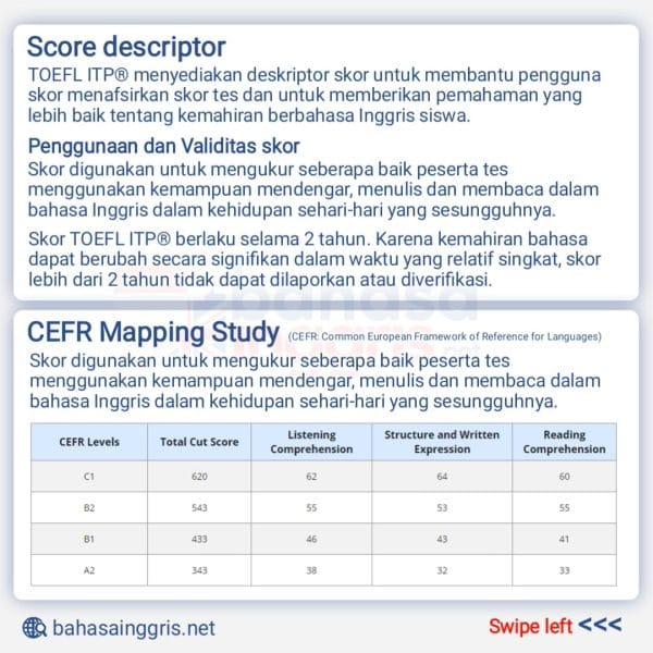 Bahasa Inggris Net in collaboration with Merry English and CIE as TOEFL ITP Administrator. TOEFL ITP® adalah tes Bahasa Inggris untuk mengukur tingkat kemampuan seseorang dalam pemahaman membaca, pemahaman mendengar, struktur dan penulisan. Saat ini lebih dari 2.500 sekolah, perguruan tinggi, universitas, dan lembaga swasta di seluruh dunia di 50+ negara berpartisipasi dalam tes TOEFL ITP.