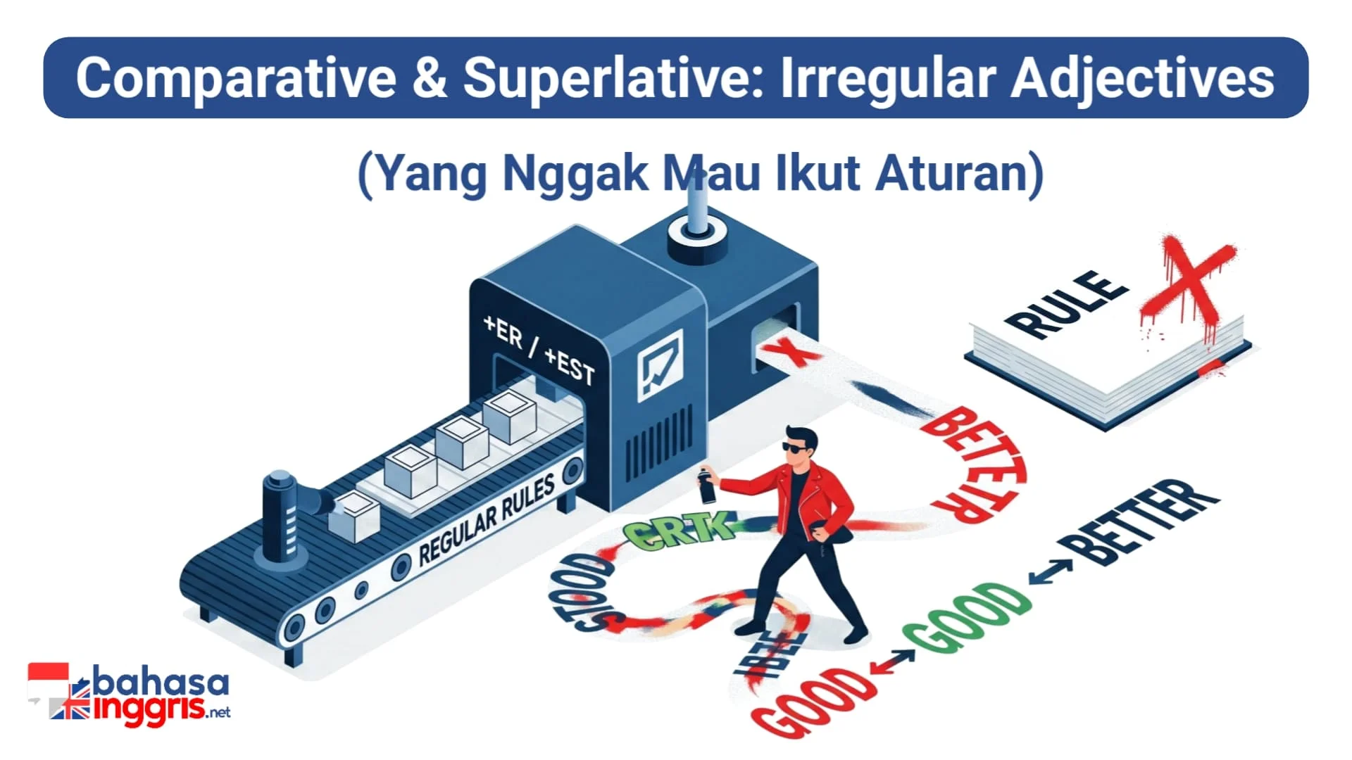 Dalam grammar, ada aturan yang jelas, ada juga yang statusnya 'rumit'. Itulah para Irregular Adjectives. Mereka menolak mentah-mentah aturan '-er/-est' atau 'more/most' karena mereka punya 'undang-undang' sendiri. Mencoba menerapkan aturan umum pada mereka itu seperti bertanya 'kita ini sebenernya apa?' pada gebetan yang takut komitmen; hasilnya cuma canggung dan nggak akan dijawab