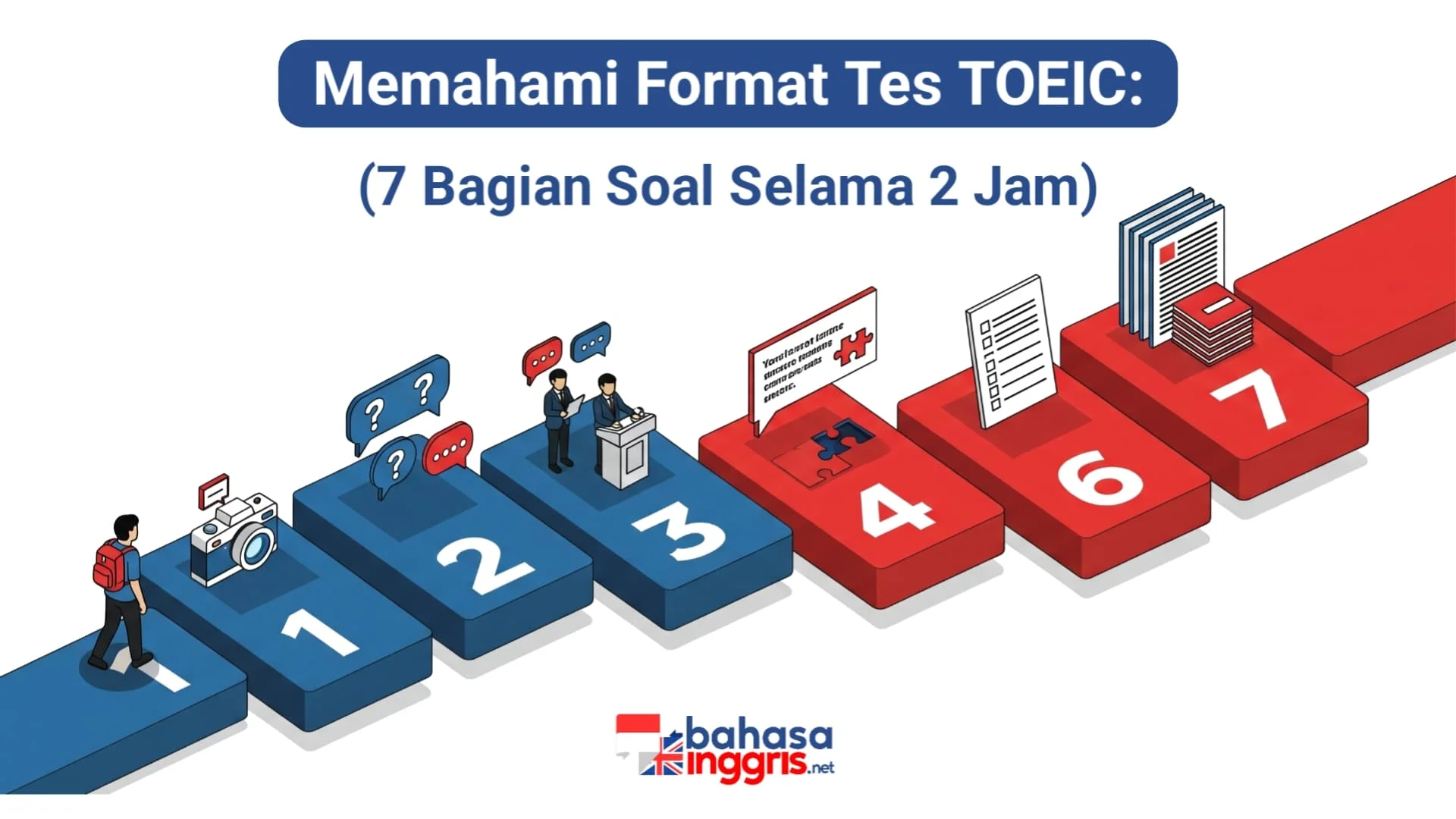 Tes TOEIC terdiri dari 7 bagian yang dibagi menjadi dua sesi: Listening (Part 1-4) dan Reading (Part 5-7). Total pengerjaan adalah 200 soal dalam 120 menit, yang dirancang untuk menguji pemahaman audio dan teks dalam konteks profesional.