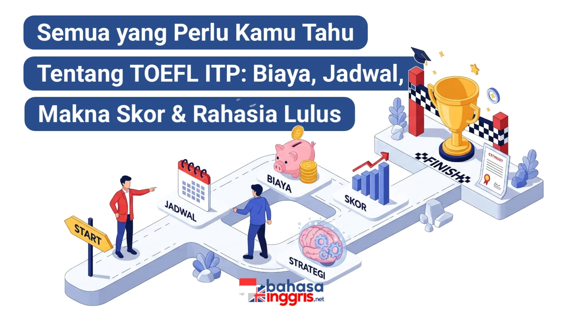 Panduan lengkap TOEFL ITP 2025 berbahasa Indonesia: apa itu TOEFL ITP, perbedaan dengan TOEFL iBT, skor 500/550/600 artinya, masa berlaku 2 tahun, biaya & jadwal tes di Indonesia, cara daftar online, contoh soal & tips lulus.
