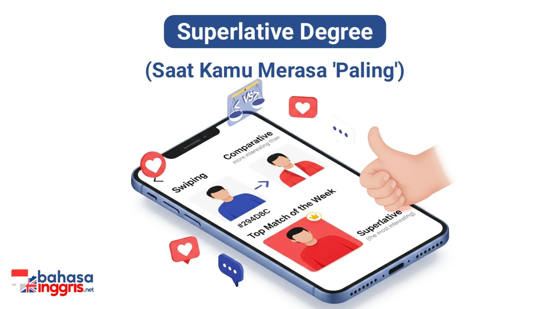 "Kalau Comparative itu cuma 'satu lawan satu', Superlative adalah mode 'Battle Royale'-nya. Kamu nggak lagi berhadapan dengan satu rival, tapi dilempar ke dalam arena bersama semua kandidat lainnya. Tujuanmu? Jadi 'The Last One Standing', yang paling top, yang terhebat. Aturannya: saat perbandingan melibatkan satu melawan banyak (lebih dari dua), gunakan Superlative."