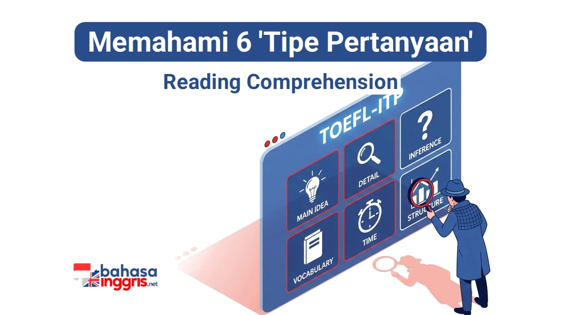 Bagian Reading Comprehension TOEFL ITP menguji pemahaman melalui enam tipe pertanyaan utama. Tipe-tipe ini mencakup identifikasi gagasan utama (main idea), pencarian informasi faktual, pemahaman kosakata dalam konteks, penarikan kesimpulan (inference), penentuan rujukan kata ganti, dan analisis organisasi teks. Menguasai strategi untuk setiap tipe pertanyaan adalah langkah krusial untuk meraih skor optimal.