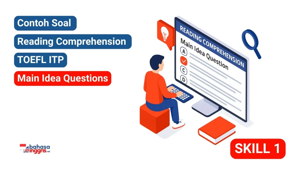 Main Idea questions adalah jenis soal fundamental dalam TOEFL ITP Reading yang bertujuan menguji pemahamanmu terhadap topik utama atau gagasan pokok dari sebuah bacaan. Strategi paling efektif untuk menjawabnya adalah dengan melakukan skimming (membaca cepat) pada kalimat awal setiap paragraf untuk mendapatkan gambaran besar tanpa harus membaca setiap kata. Setelah itu, pilihlah jawaban yang paling mewakili seluruh isi teks dan hindari pilihan yang cakupannya terlalu spesifik, terlalu umum, atau tidak relevan.