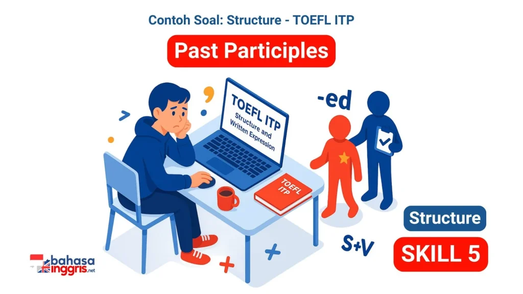 Jangan tertipu akhiran -ed di TOEFL ITP Structure; ia sering menyamar sebagai Verb padahal hanya Adjective penjelas. Bongkar tuntas cara membedakan peran gandanya secara pasti, hanya dengan mengecek 'pasangan' (BE/HAVE) dan mencari Verb inti. Kuasai trik ini sekarang agar tidak ada lagi poin Structure yang terbuang sia-sia.