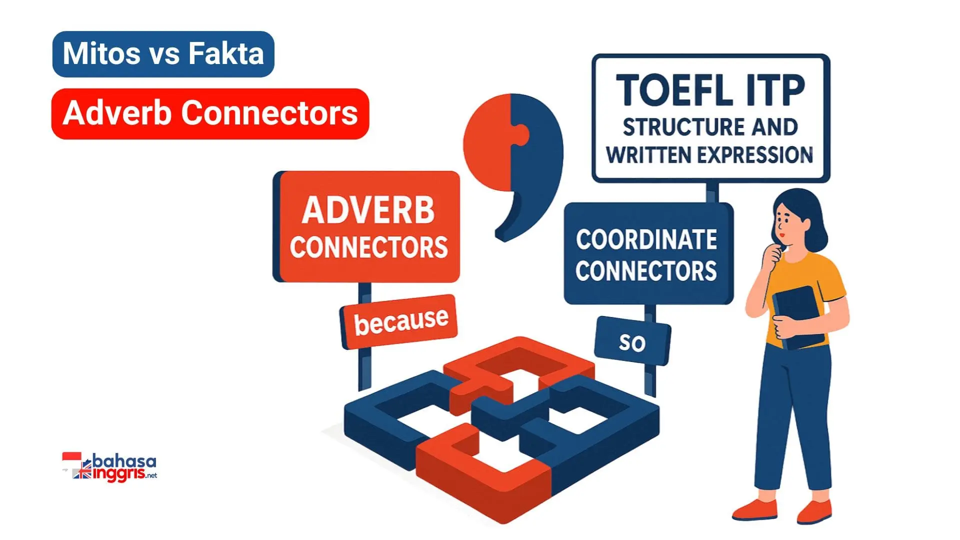 Penting untuk membedakan Adverb Connectors (seperti because) dengan Coordinate Connectors (seperti so), karena keduanya memiliki aturan penggunaan koma yang berbeda dan tidak dapat saling menggantikan meskipun maknanya serupa. Aturan koma bergantung pada jenis konektor dan posisinya: Adverb Connectors umumnya tidak memerlukan koma di tengah kalimat tetapi wajib menggunakan koma jika klausa dependennya berada di awal. Perlu juga dicatat bahwa kata seperti since dan as bisa berarti 'karena' dalam konteks formal, selain arti 'sejak' yang lebih umum.