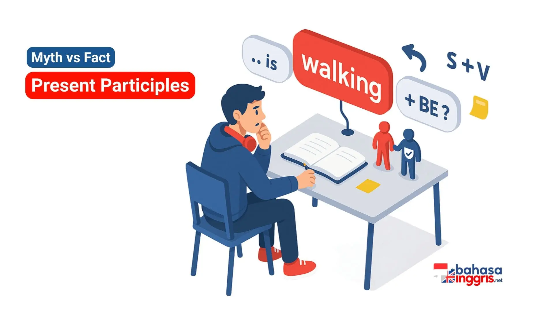 Kesalahpahaman umum adalah menganggap semua kata berakhiran "-ing" sebagai kata kerja (verb), padahal "-ing" hanya berfungsi sebagai verb utama jika dipasangkan dengan kata kerja "BE" (seperti is, are, was, were). Tanpa "BE", kata "-ing" berfungsi sebagai kata sifat (adjective) yang menjelaskan benda atau sebagai gerund (kata benda), dan penting untuk diingat bahwa keduanya bukanlah verb utama. Strategi kuncinya adalah selalu menganalisis konteks kalimat untuk menentukan apakah "-ing" memiliki pasangan "BE" atau apakah kalimat tersebut sudah memiliki (atau masih membutuhkan) verb utama yang lain.