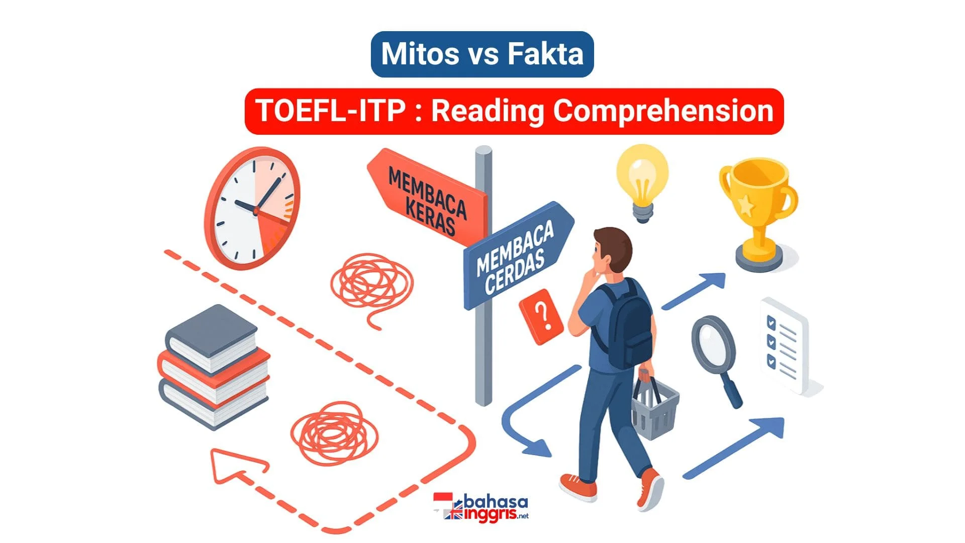 Ilustrasi tentang mitos dan fakta dalam strategi Reading Comprehension TOEFL ITP.