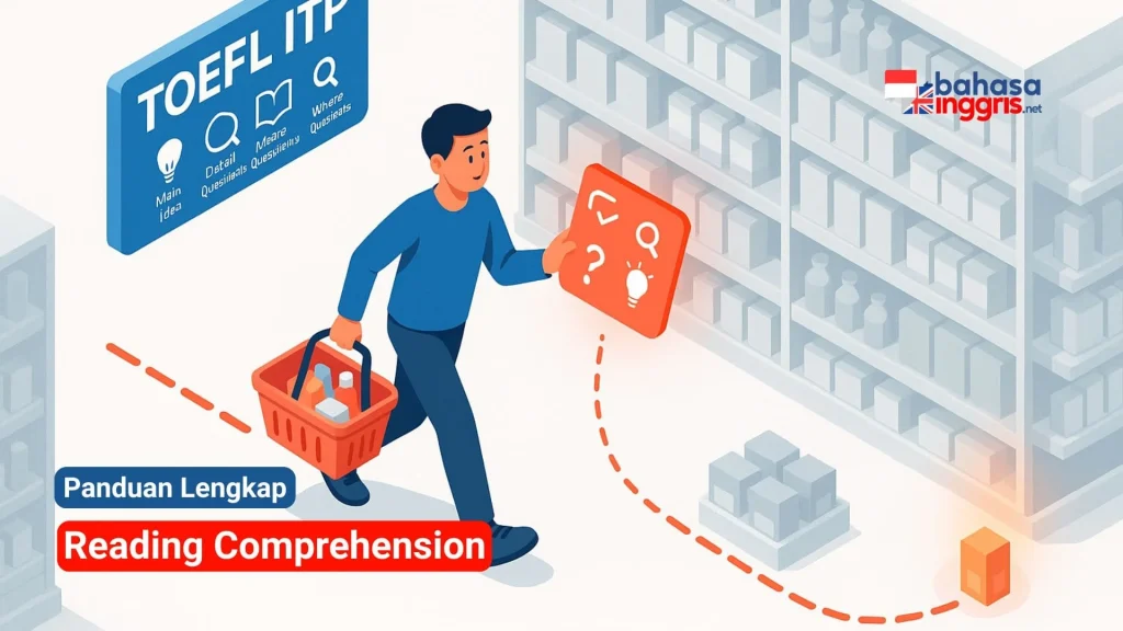 Untuk menaklukkan soal Reading Comprehension TOEFL ITP, Kamu perlu menggunakan pendekatan strategis, sama seperti berbelanja di supermarket dengan daftar belanjaan yang jelas. Setiap jenis pertanyaan diibaratkan sebagai "barang" yang harus dicari menggunakan teknik membaca cepat seperti skimming dan scanning untuk efisiensi waktu. Dengan menguasai setiap skill ini, Kamu dapat menemukan jawaban secara sistematis, meningkatkan akurasi, dan mengelola waktu ujian dengan lebih efektif.