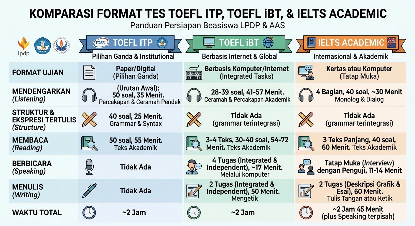 Infografis komparasi format tes TOEFL ITP, TOEFL iBT, dan IELTS Academic yang menunjukkan perbedaan berbasis skill pasif vs skill aktif dan integrasi komponen tes